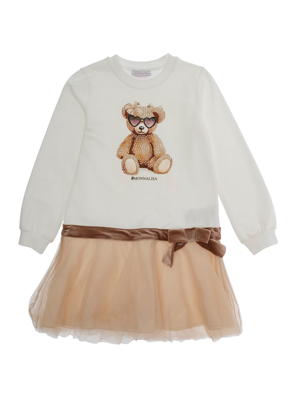 Monnalisa Multicolor Crewneck Dress With Crystal Embellishments On The Front And Bow Detail On The Front In Co In Multi