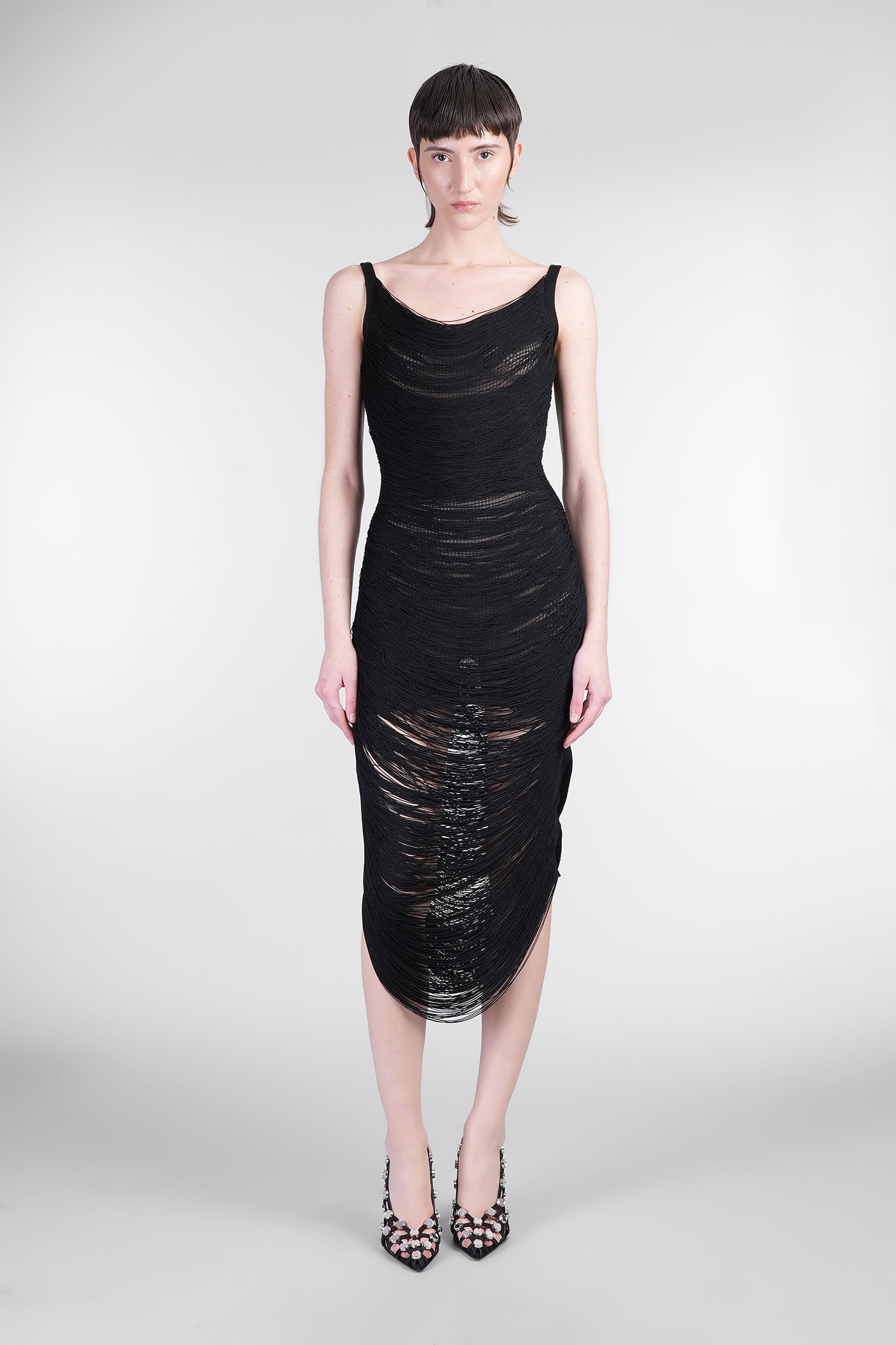 Attico Black Fringed Viscose Blend Knit Midi Dress In Black