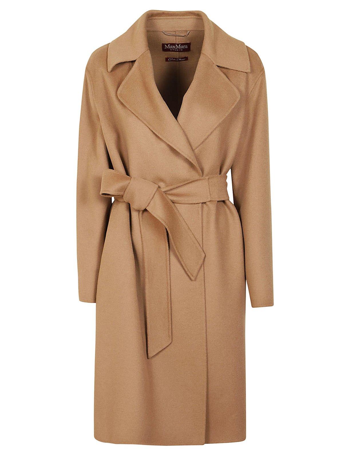 Shop Max Mara Belted Long-sleeved Coat In Cammello