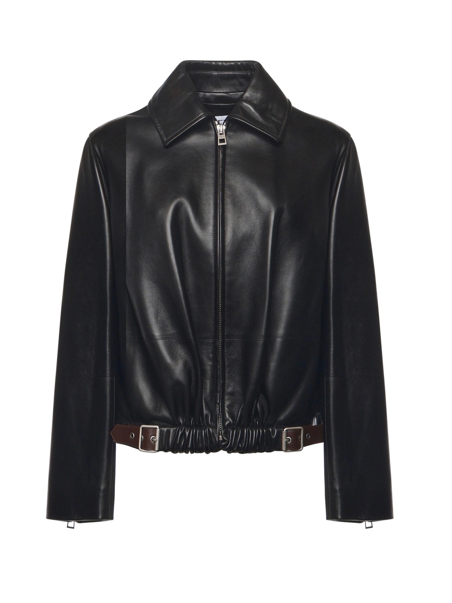 Loewe Black Ruched Leather Jacket With Belt In Burgundy