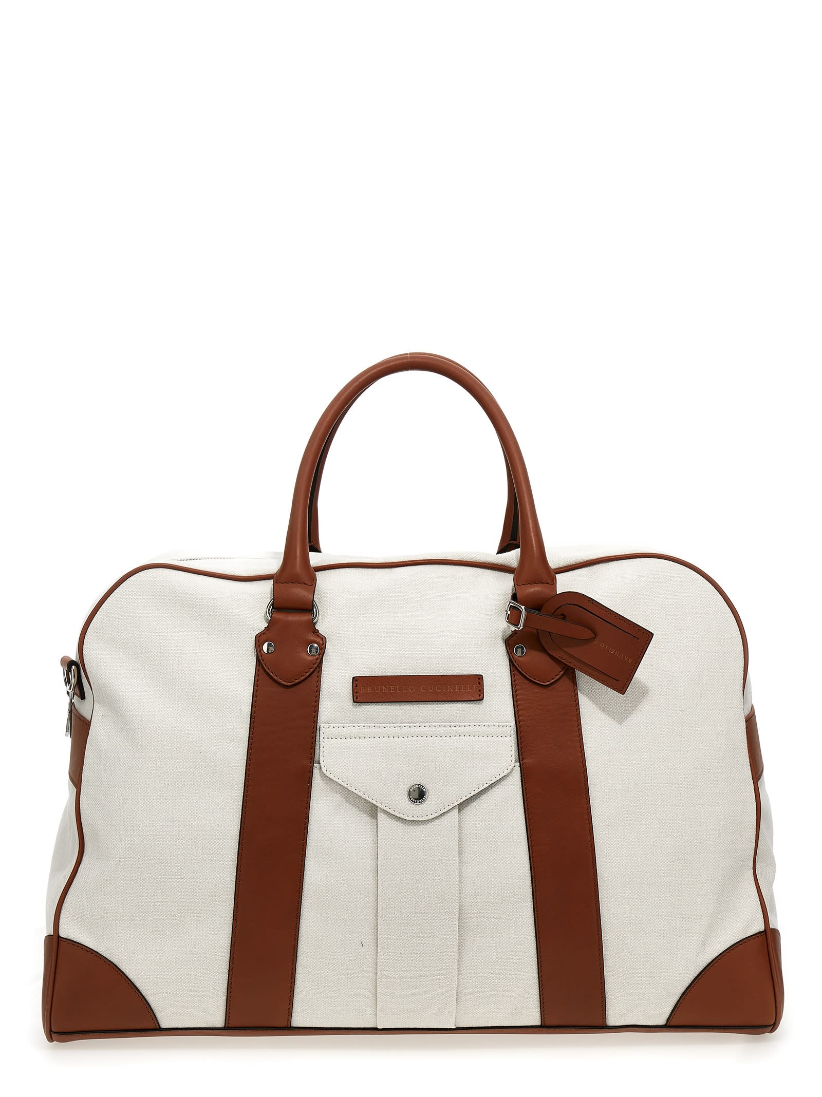 Brunello Cucinelli Leather Canvas Travel Duffel Bag In Multicolor