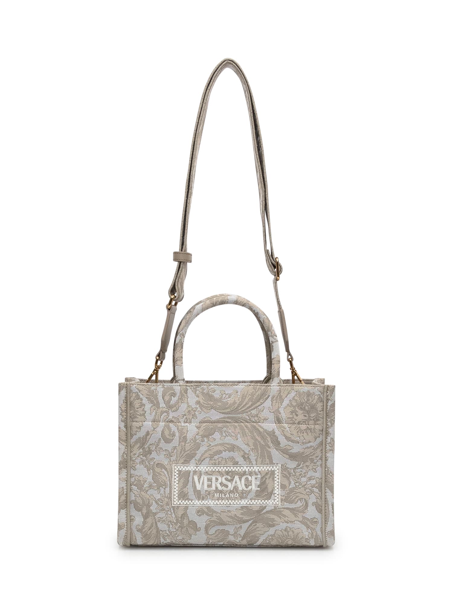 Shop Versace Small Tote Athena Barocco Bag In Beige- Gold