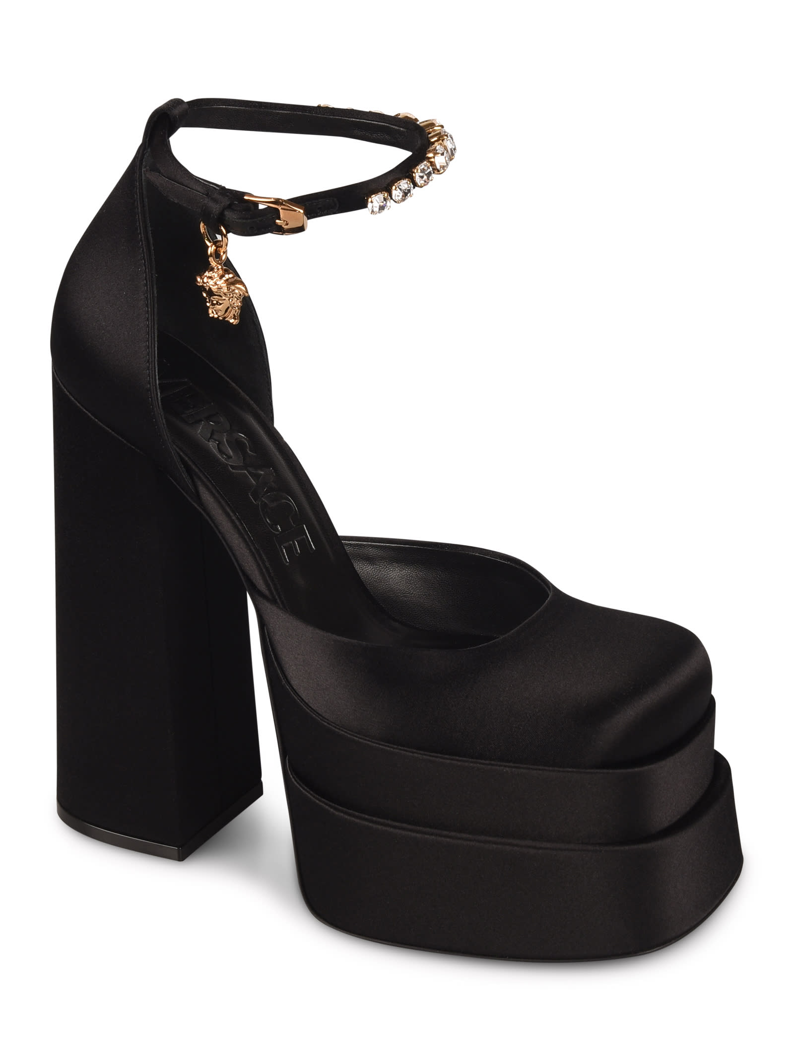 Versace Crystal Embellished Block Heel Wedge Sandals In Black/gold ...