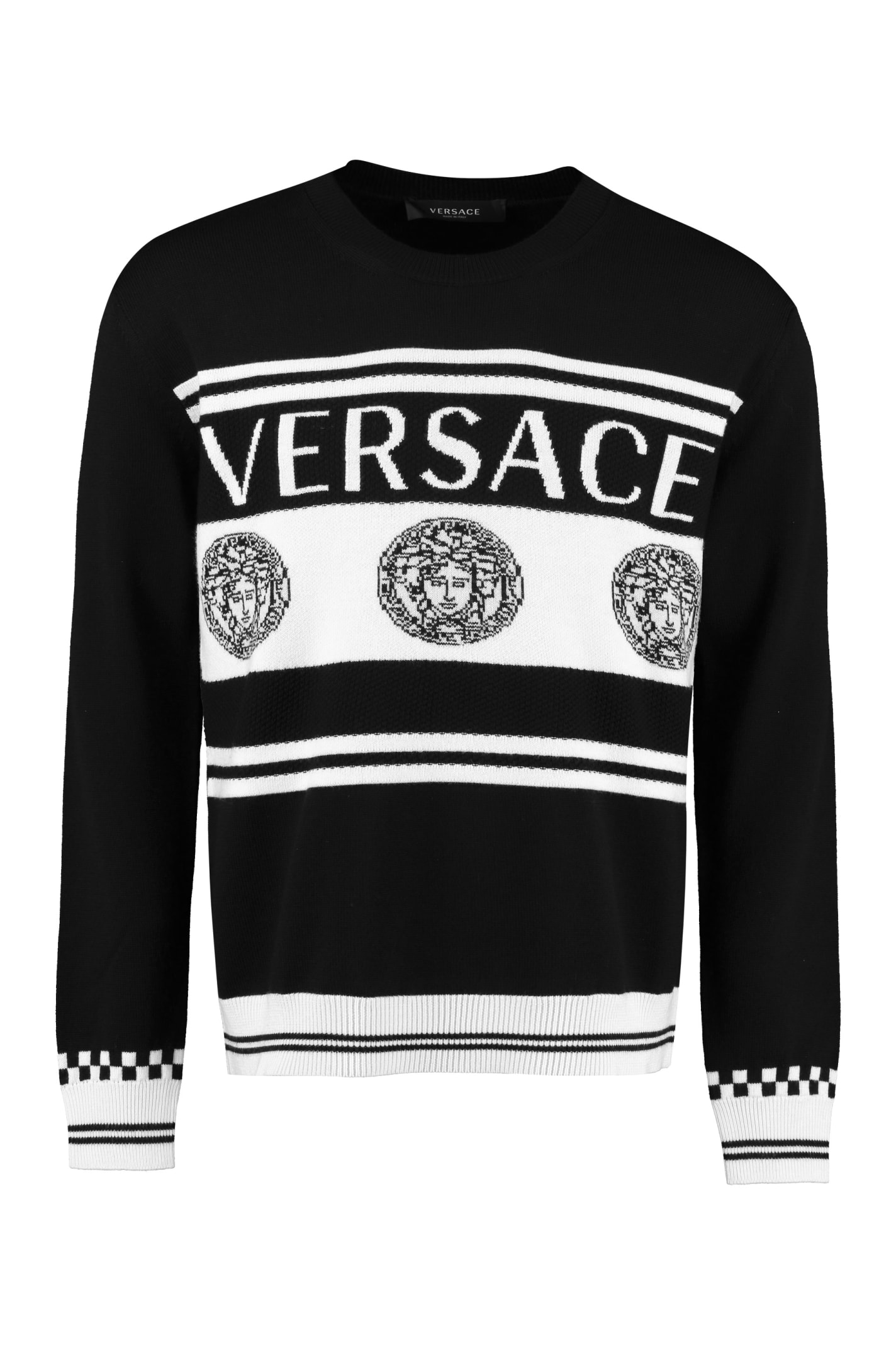 Shop Versace Intarsia Wool Sweater In Black