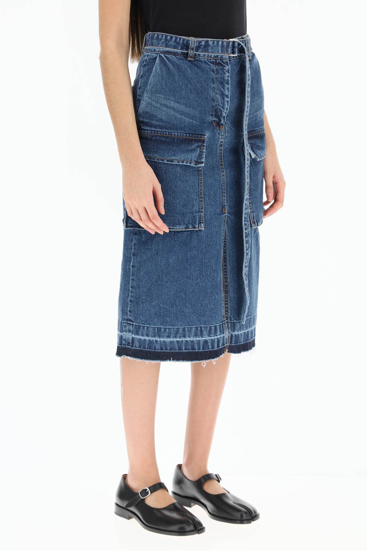 Sacai Blue Cargo Denim Midi Skirt | ModeSens