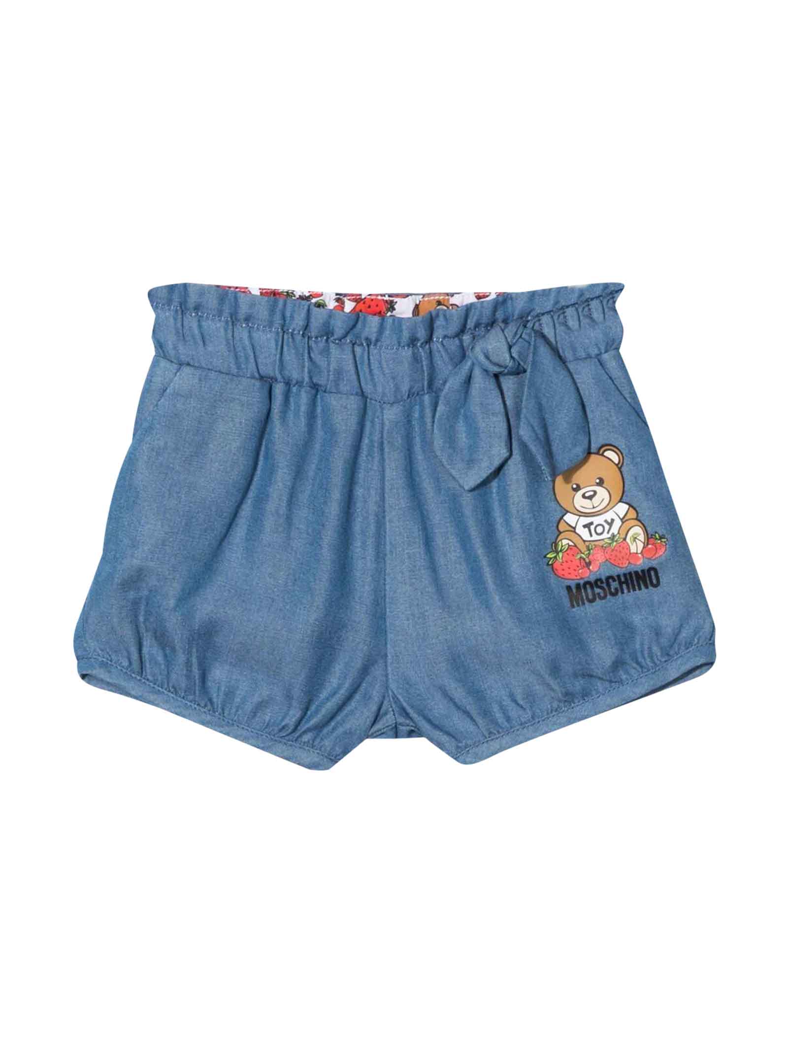 Moschino Baby Girl Denim Shorts, With Teddy Bear Print, Waist With Elasticated Drawstring, Two Side Bellows Pockets And Elasticated Hem By.