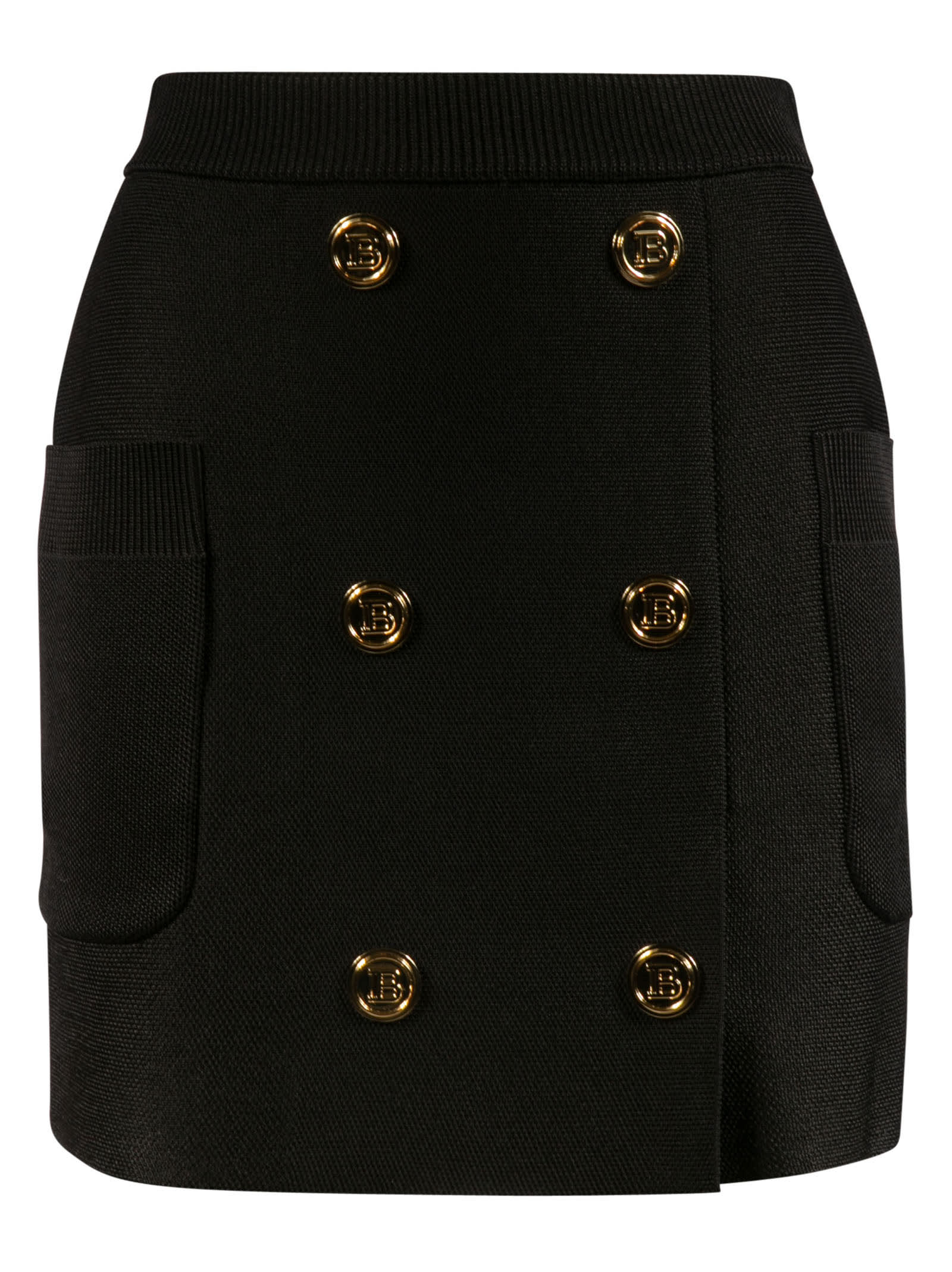 Balmain Ribbed Waist Button Embellished Skirt In Black