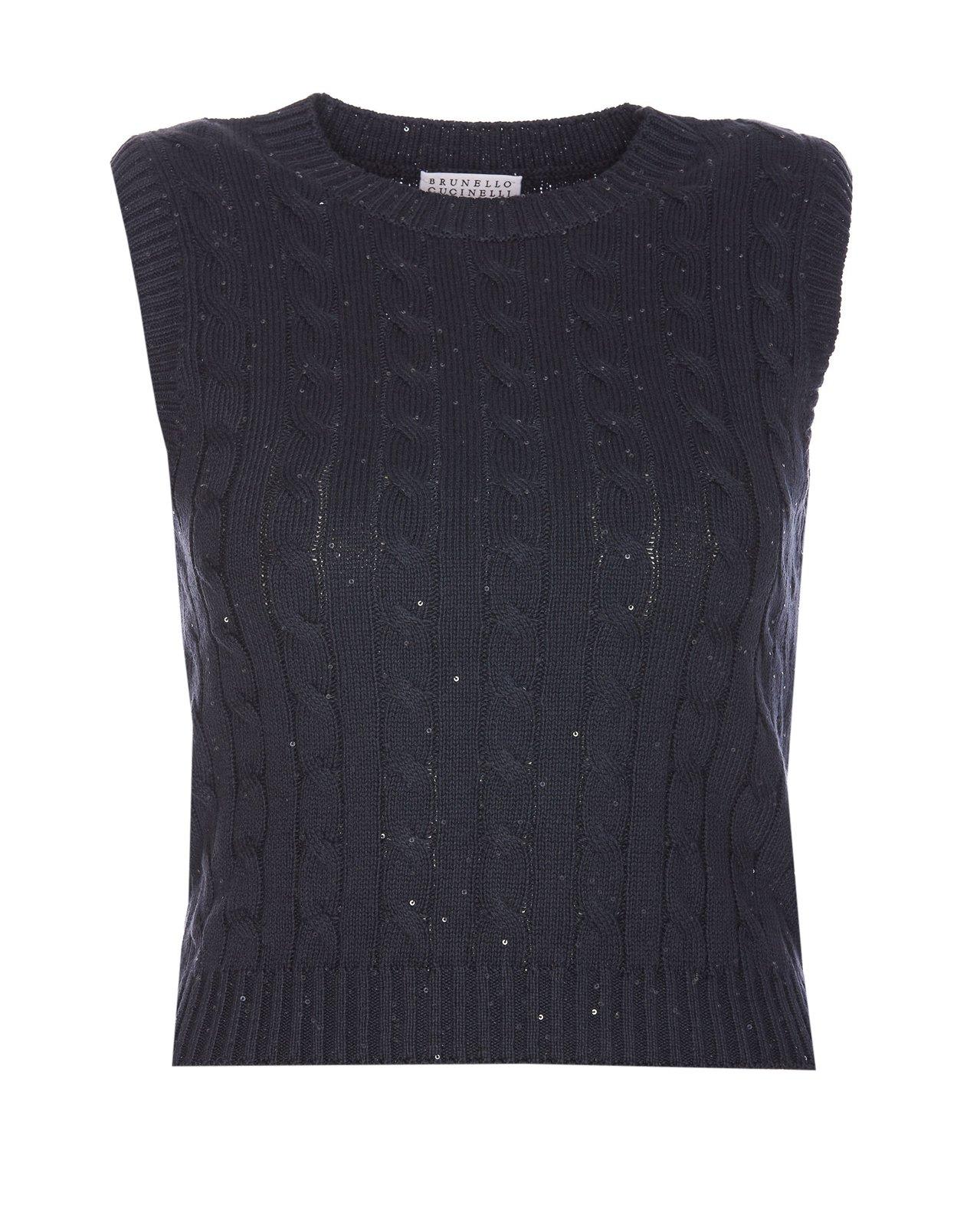Shop Brunello Cucinelli Sequin Embellished Cable-knitted Top In Black