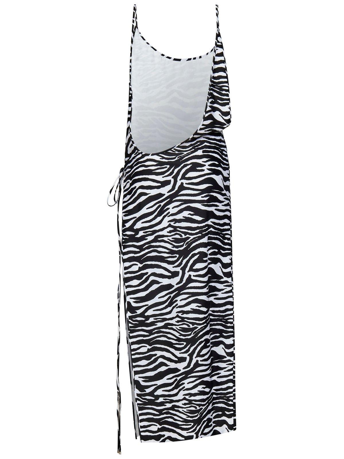 Shop Attico Zebra Print Spaghetti Strap Beach Dress In Black