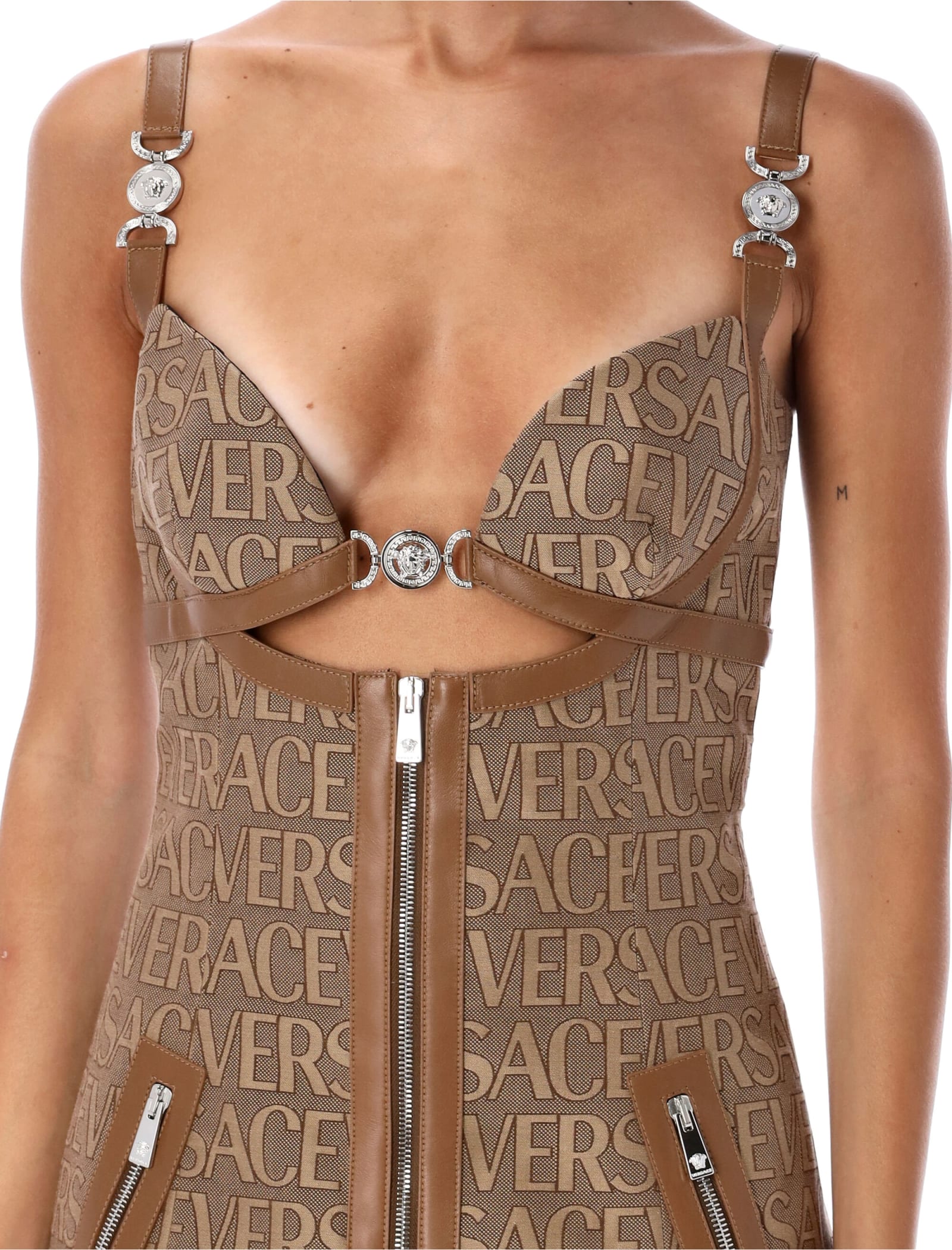 Shop Versace Allover Mini Dress In Brown/beige