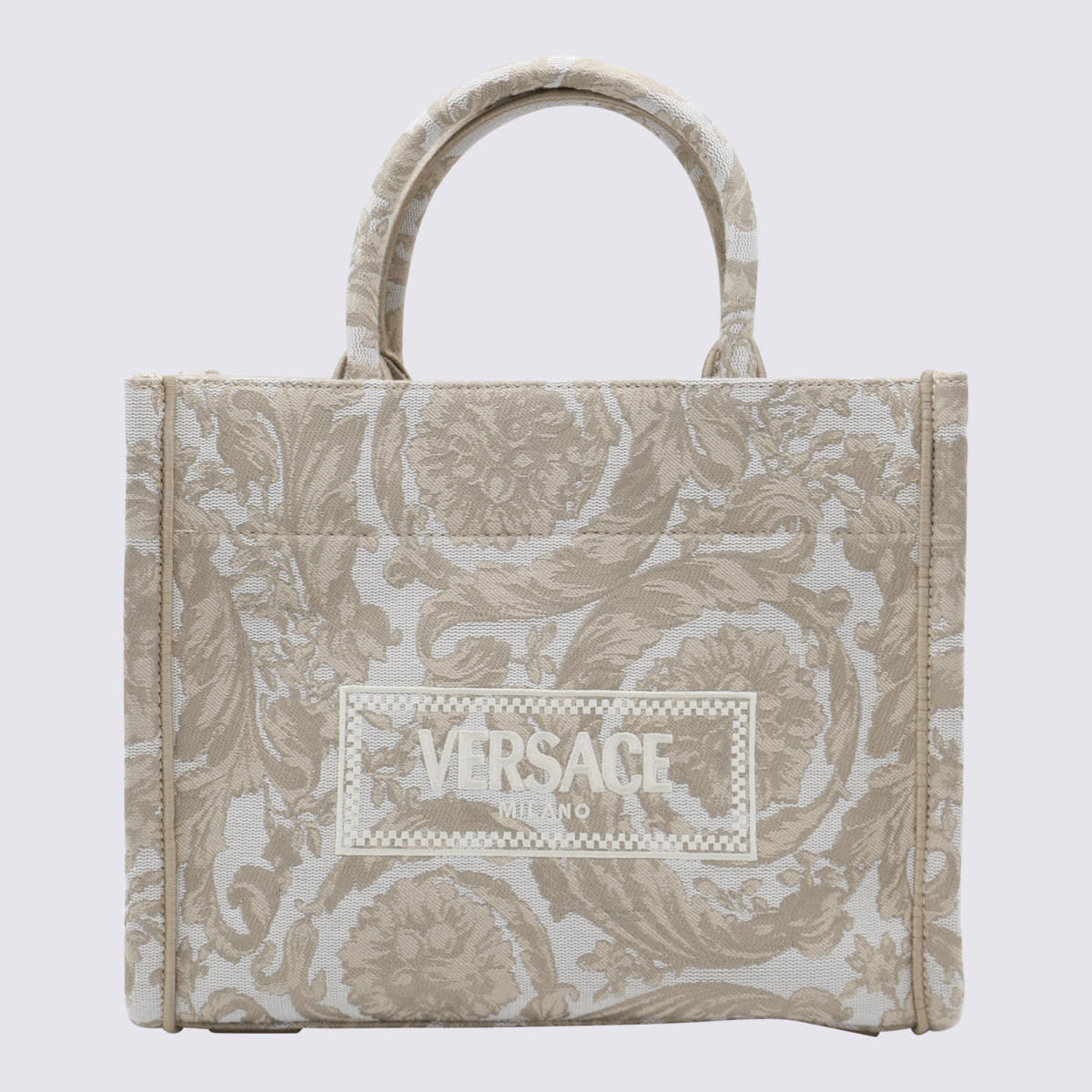 VERSACE BEIGE AND WHITE CANVAS BAROCCO ATHENA TOTE BAG