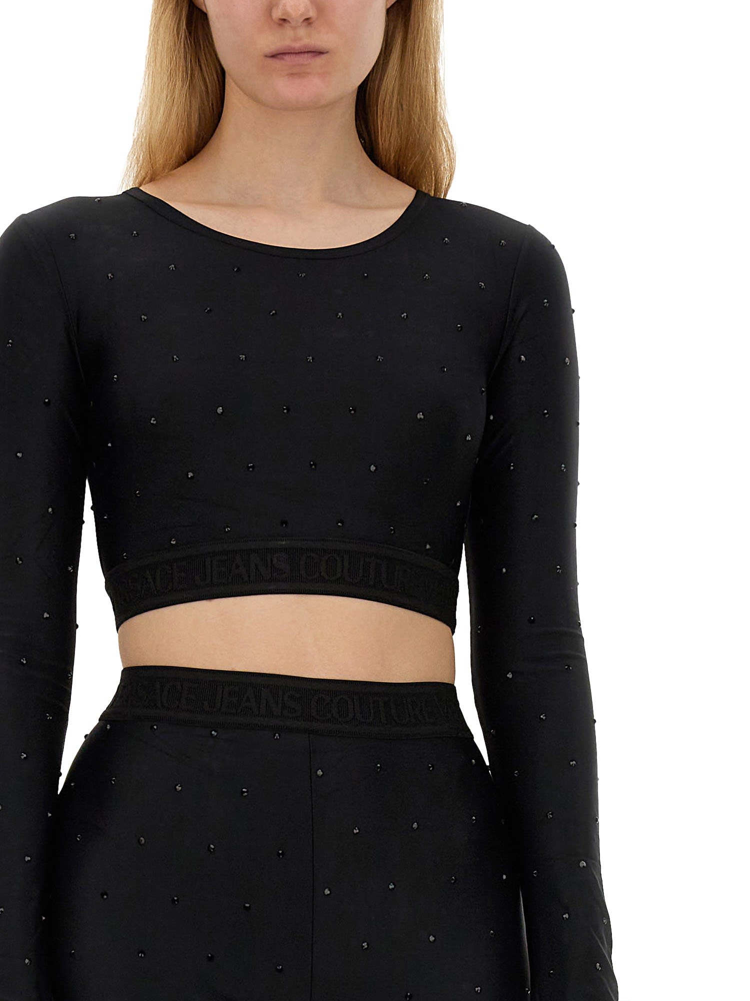 Versace Jeans Couture Long-sleeved Cropped Top In Nero