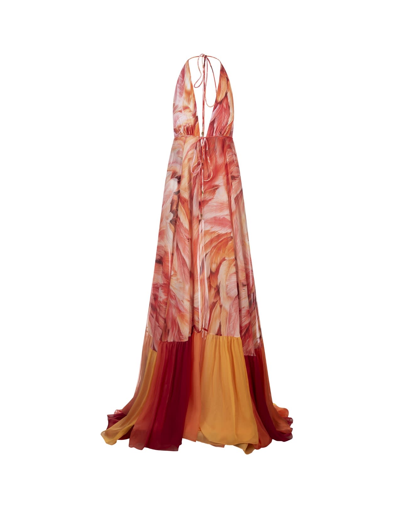 Long Sleeveless Silk Dress With Orange Plumage Print