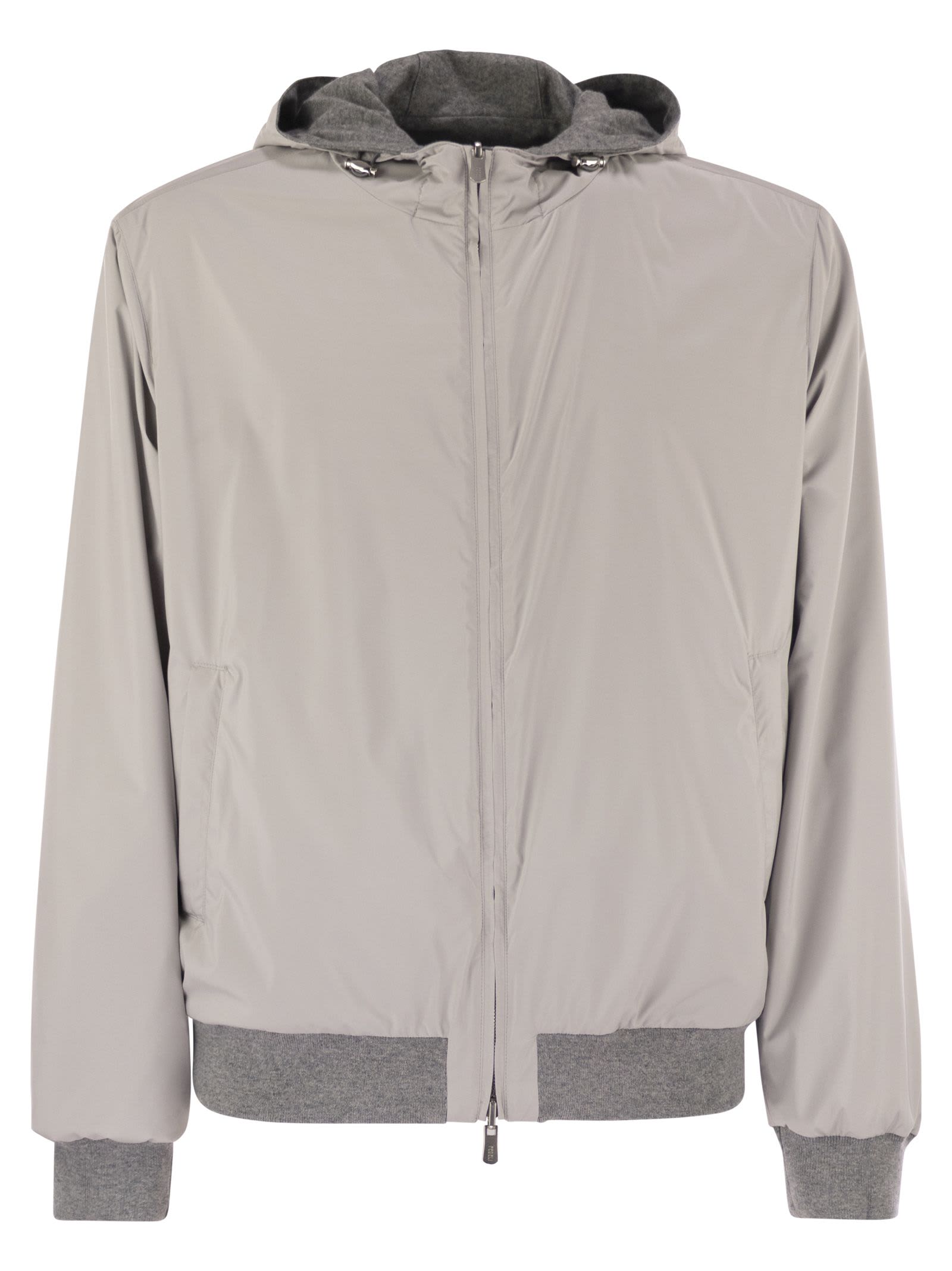 Fedeli Reversible Bomber Jacket With Hood In Cashmere Flannel And Airstop In Gray