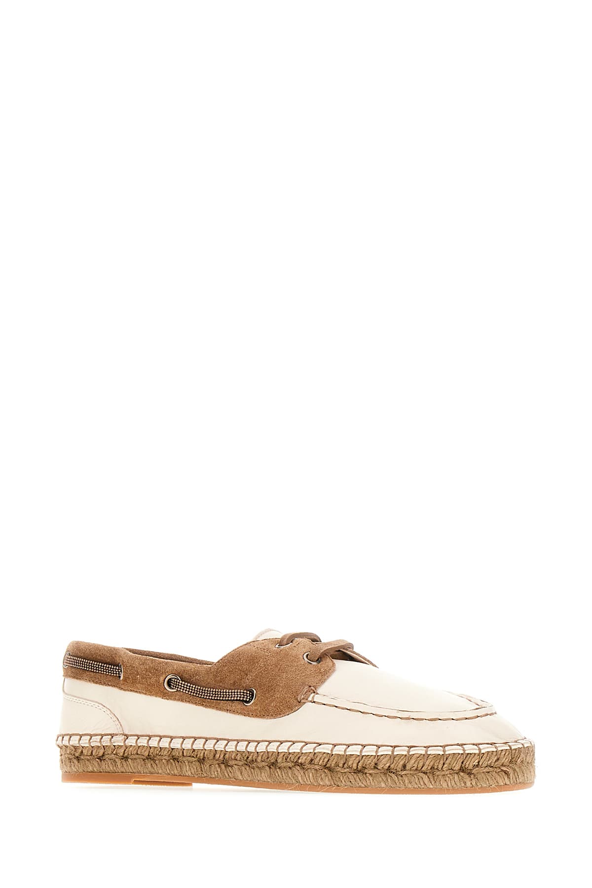 Brunello Cucinelli Leather Loafers With Jewel Insert And Espadrille Sole In C8495