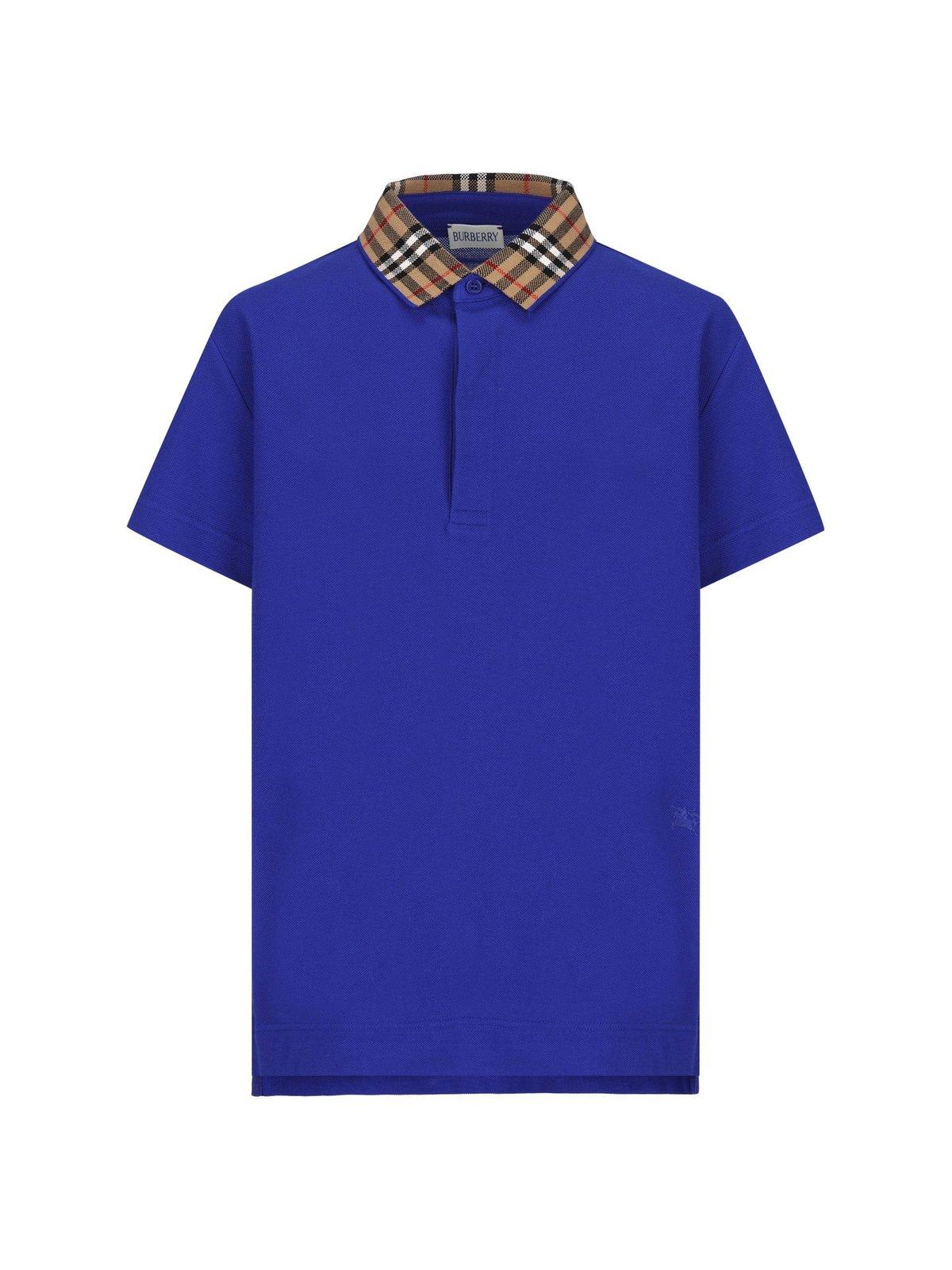 Shop Burberry Check-collar Short Sleeved Polo Shirt In Blue