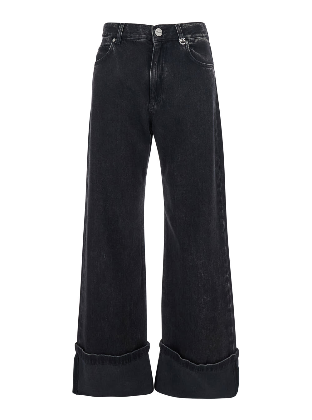 Pinko Wide-leg Denim Jeans With Fixed Cuff In Black