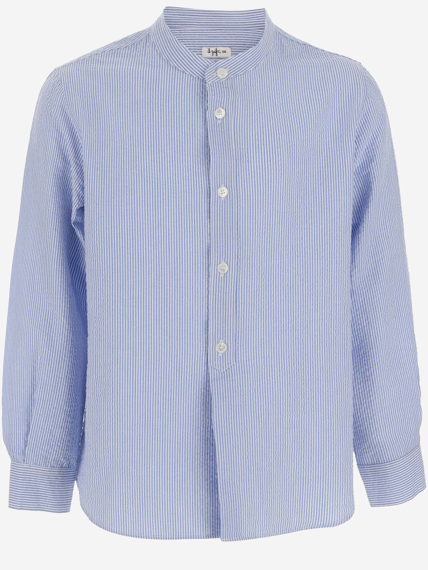 Shop Il Gufo Stretch Cotton Shirt With Striped Pattern In Clear Blue