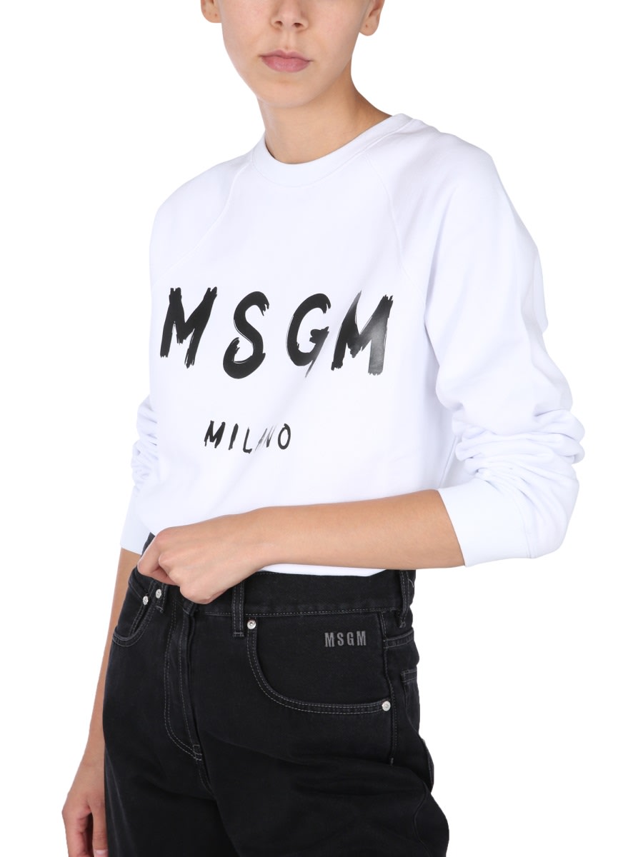 Msgm Brushed Logo Print Crew Neck Sweatshirt In White