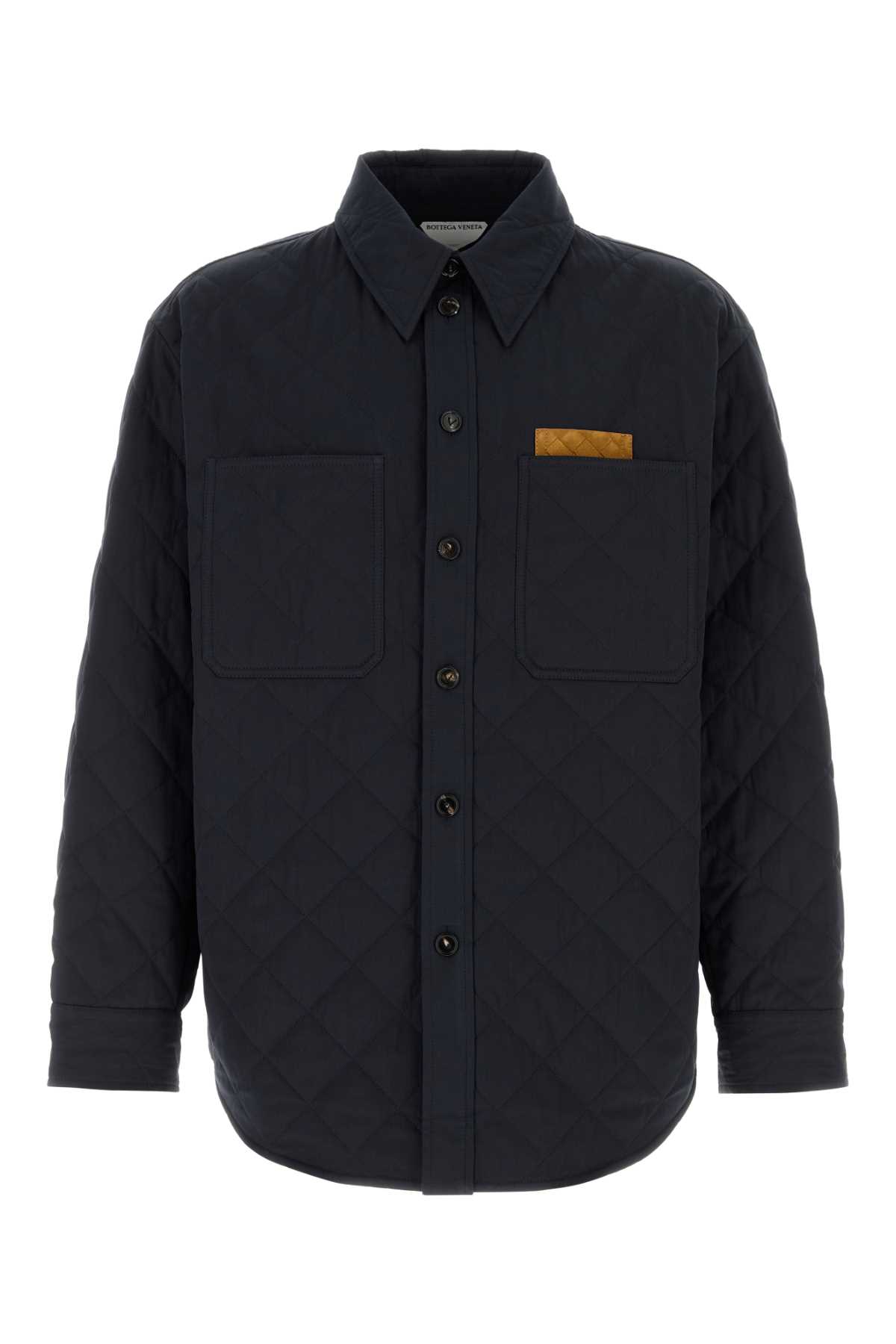 Bottega Veneta Quilted Cotton Overshirt With Front Pocket And Rounded Hem In Blue