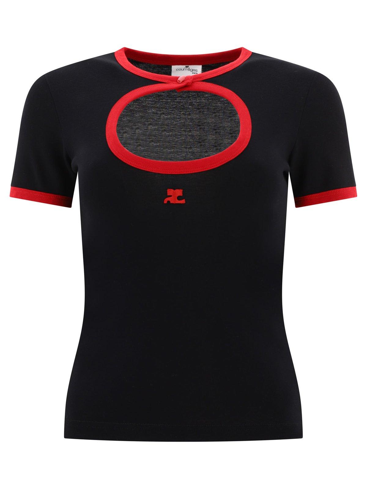 Courrèges Cirle Cut-out Logo Embroidered T-shirt In Black/ruby