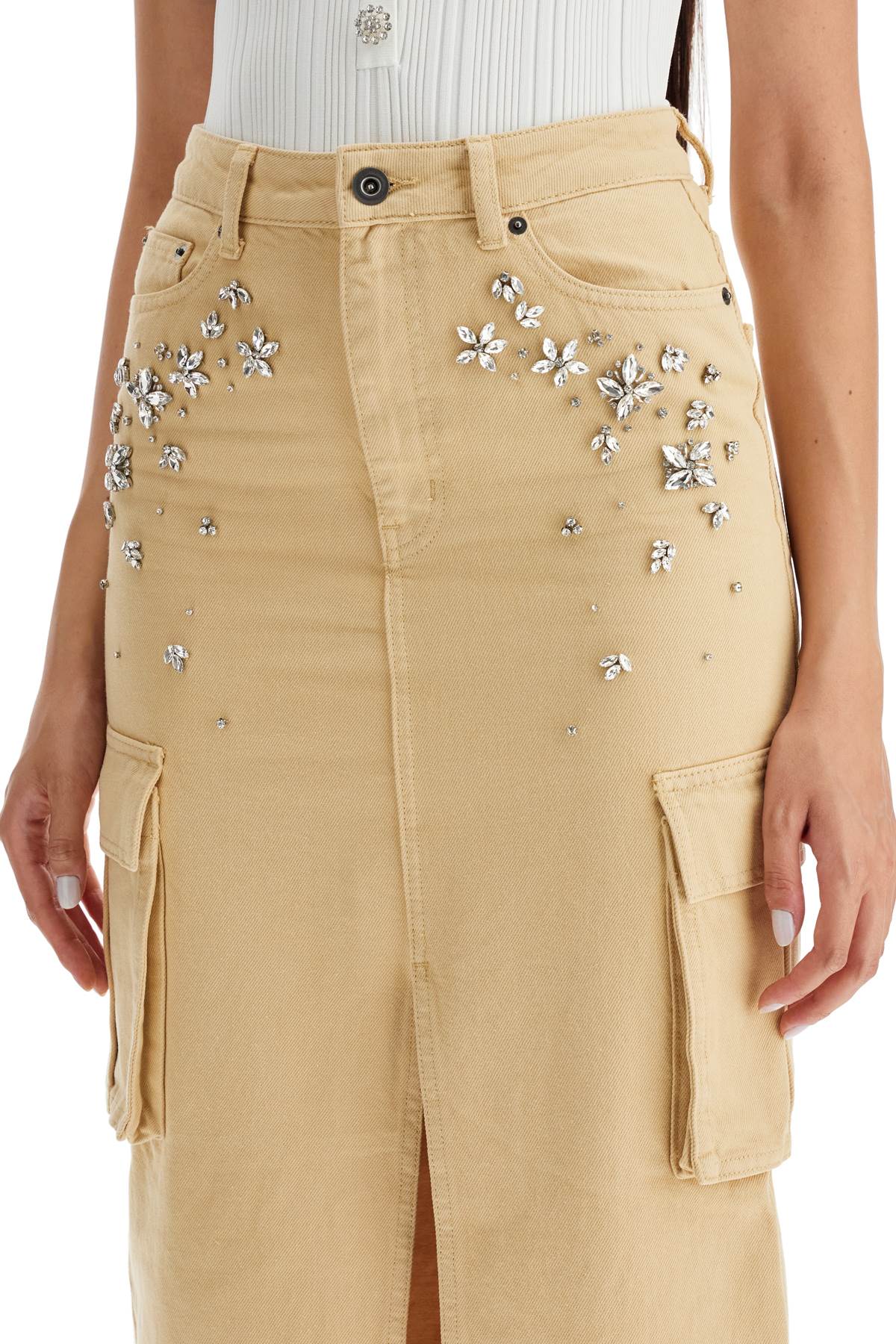 Shop Self-portrait Maxi Denim Cargo Skirt In In Beige (beige)