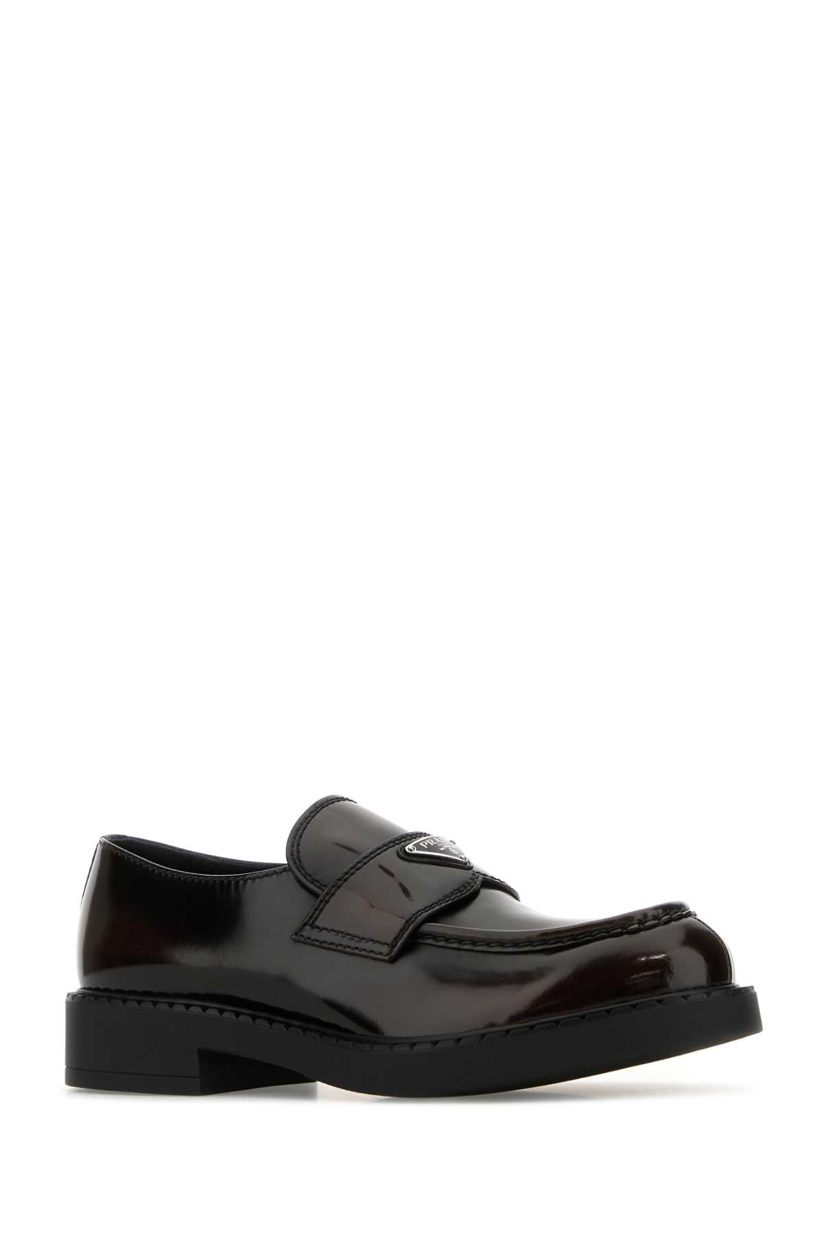 Prada Round Toe Shiny Finish Loafers In Brown