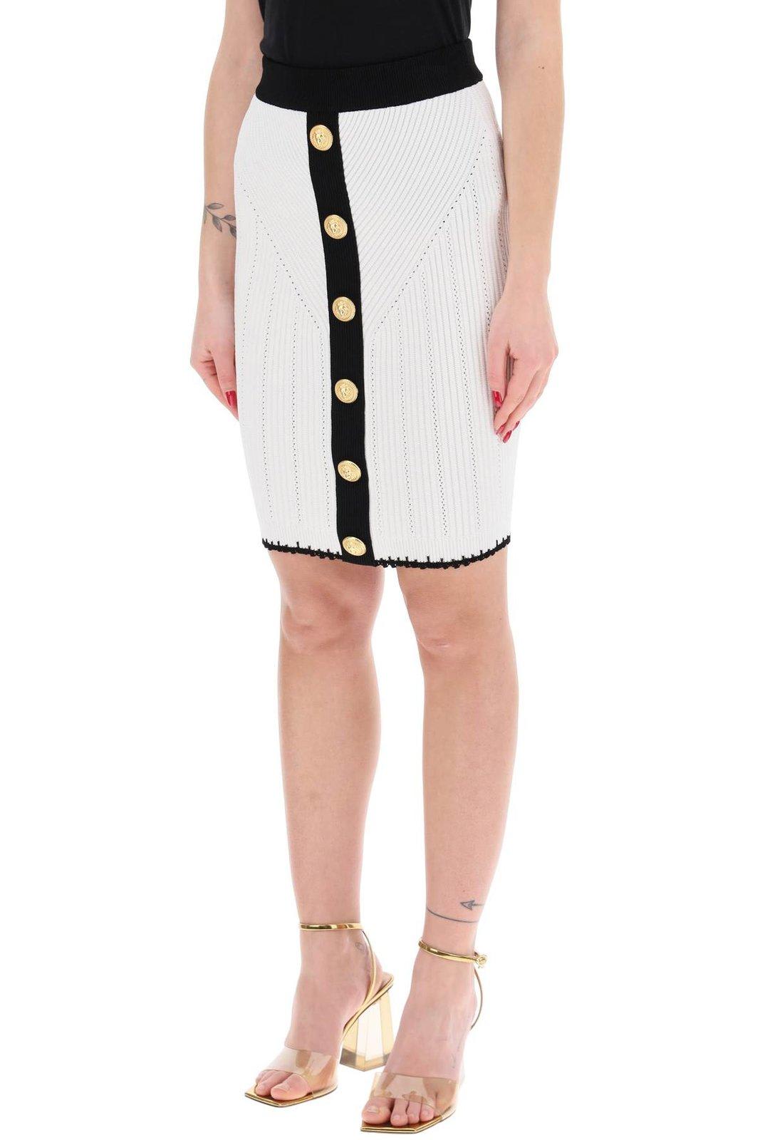 Shop Balmain Ribbed Knit Scalloped Edge Skirt In Bianco/nero