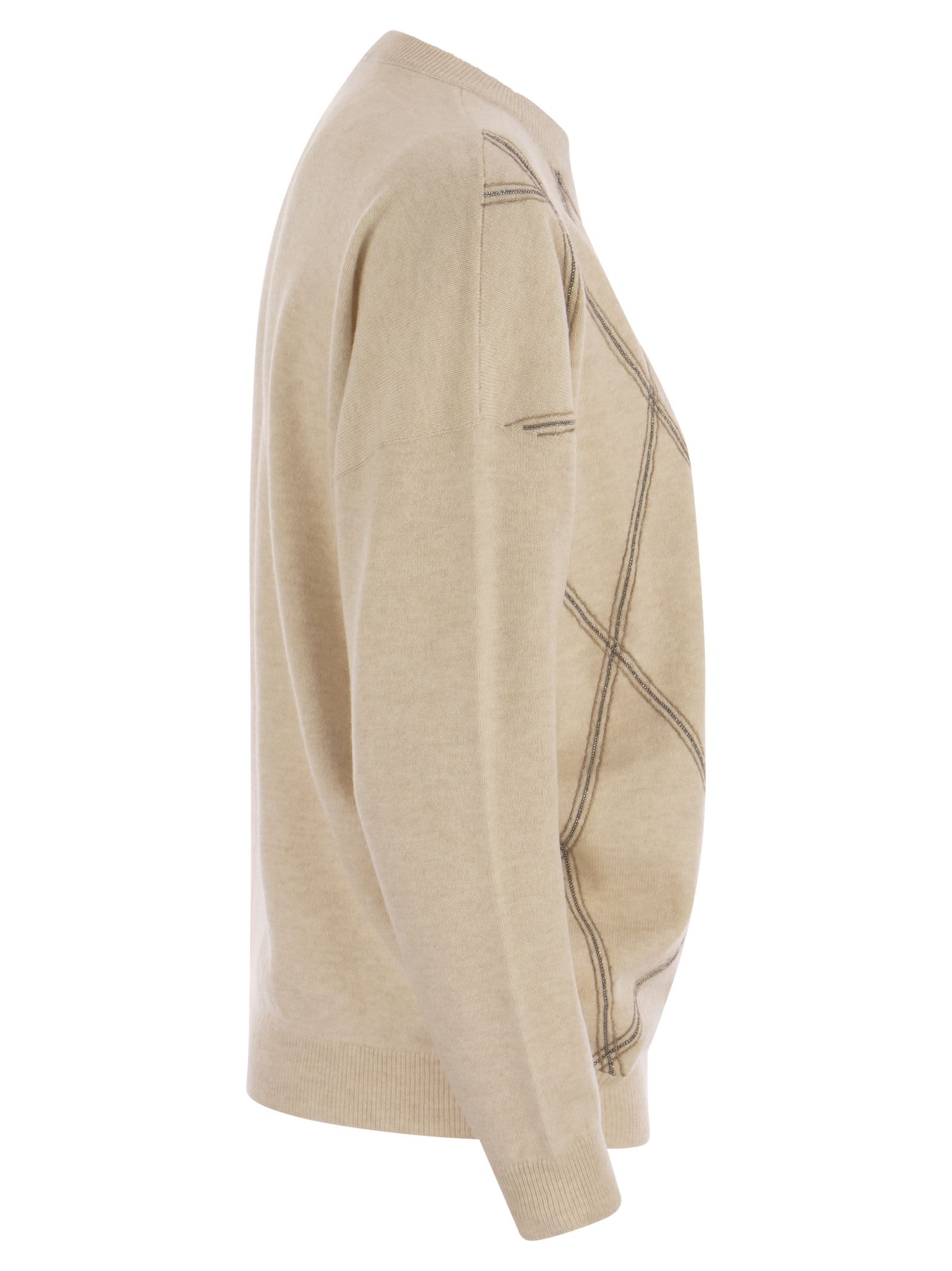 Brunello Cucinelli Crewneck Sweater In Fine Wool, Cashmere And Silk With Diamond Pattern In Sand