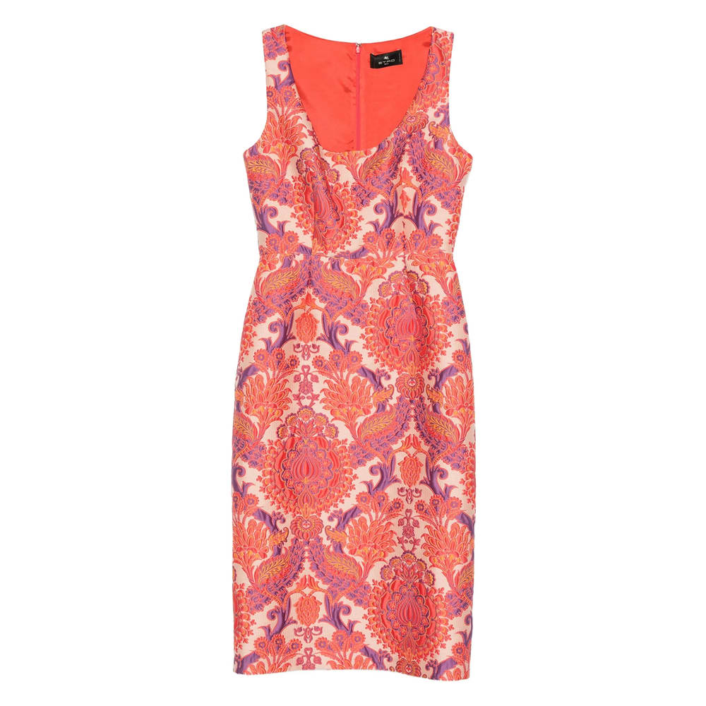 Etro Sleeveless Brocade Sheath Dress In Red