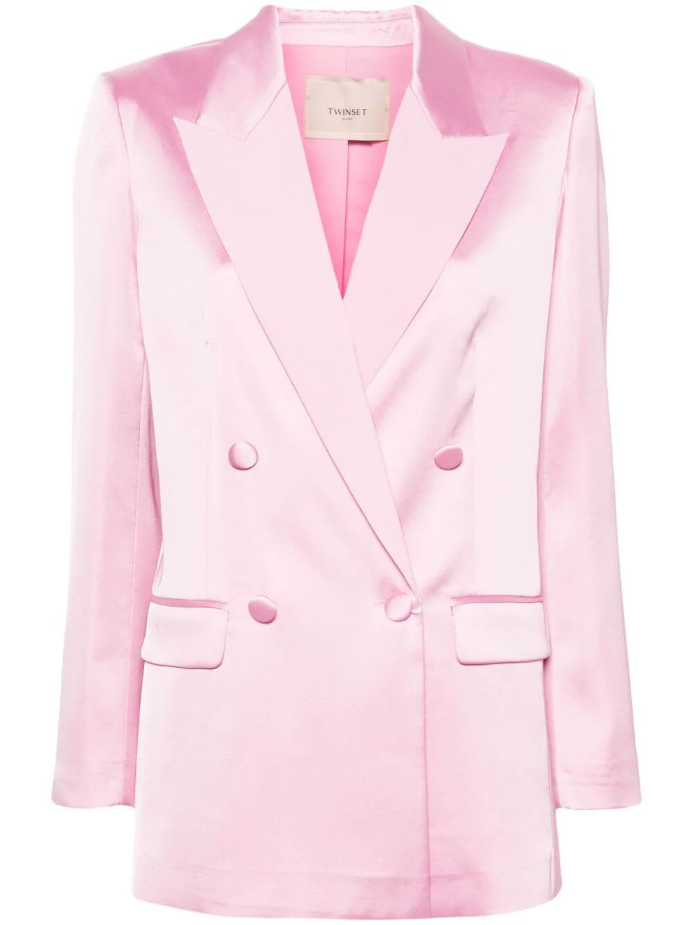 Shop Twinset Satin Double Breasted Jacket In Bright Pink