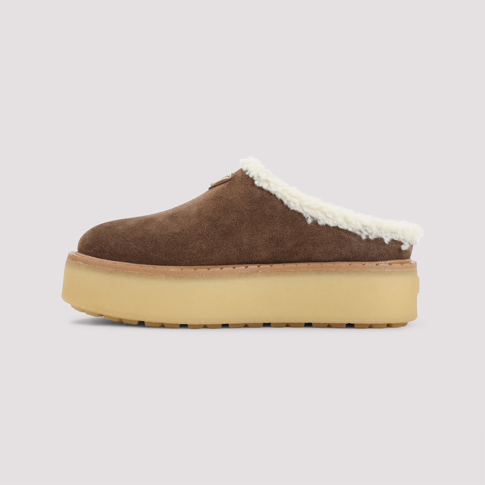 Prada Brown Suede Mules With Shearling Trim And Plush Lining In Brown