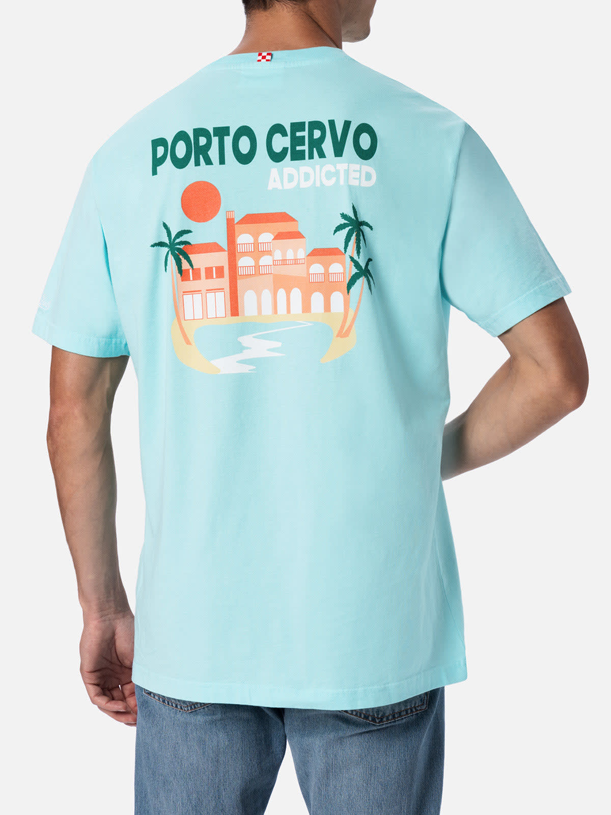 Shop Mc2 Saint Barth Man Cotton T-shirt With Porto Cervo Addicted Postcard Placed Print In Green
