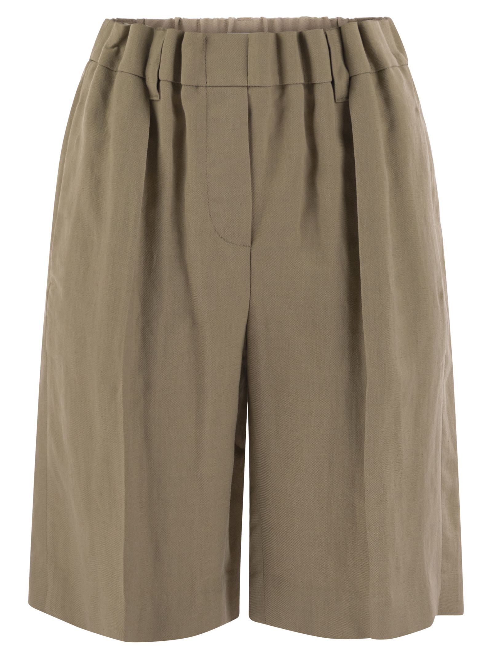 Shop Brunello Cucinelli Gathered Waist Bermuda Shorts In Fluid Viscose Linen Twill In Rope