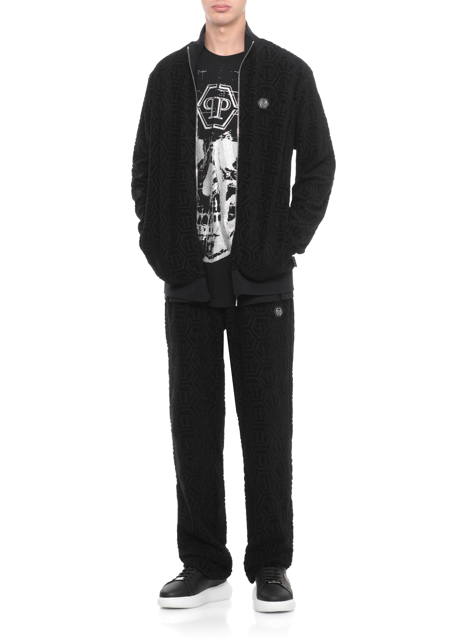 Philipp Plein Crew Neck Black T-shirt With Crystal Skull Design And Logo Patch In Black
