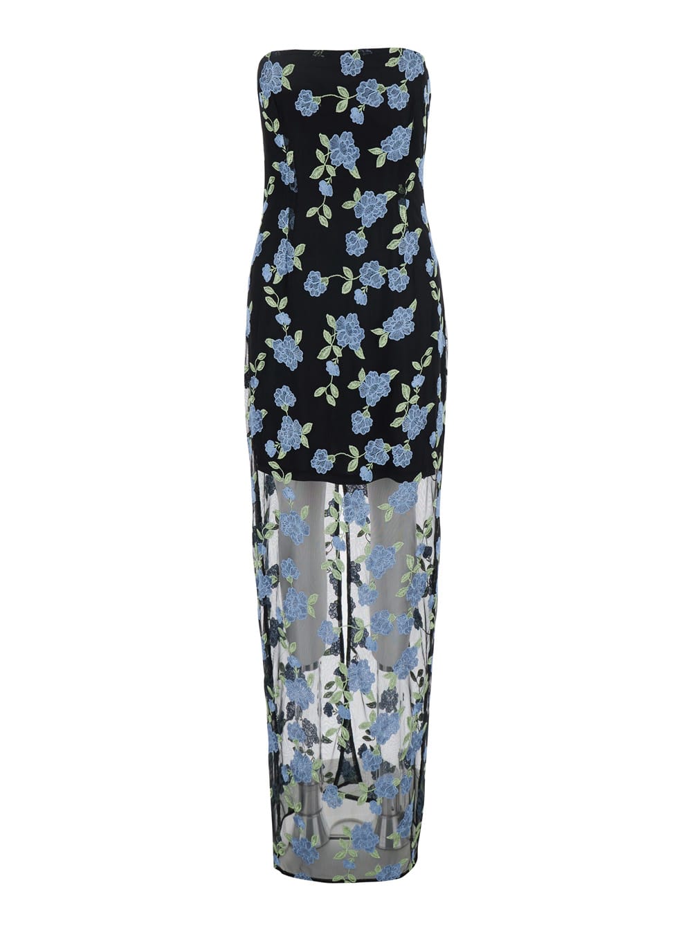 Black Long Dress With All-over Floral Motif And Semi Sheer Lower Part In Tech Fabric Woman