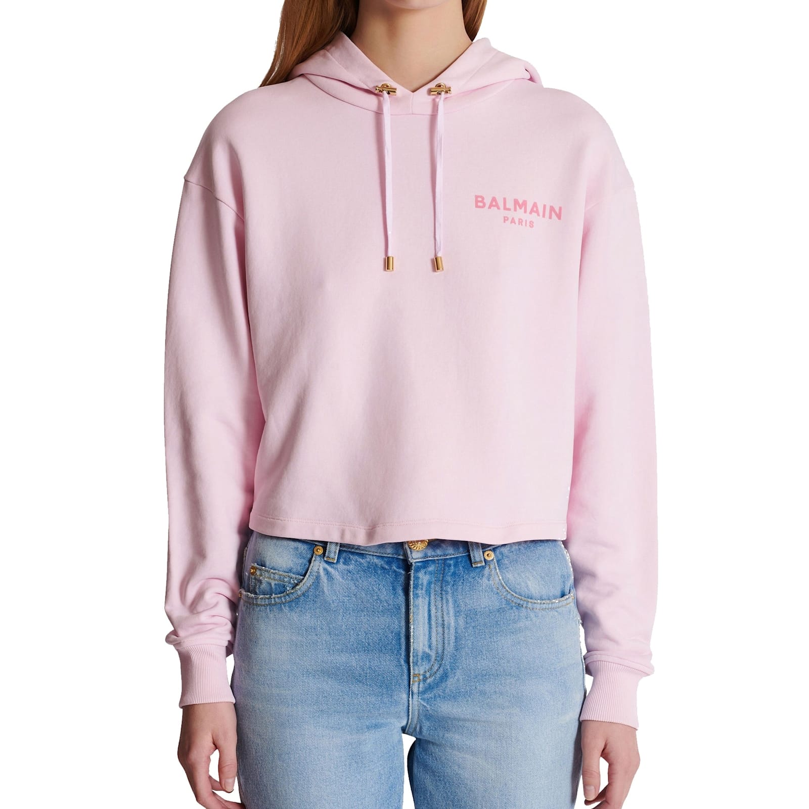Balmain Flocked Logo Cropped Organic Cotton Hoodie In Pink