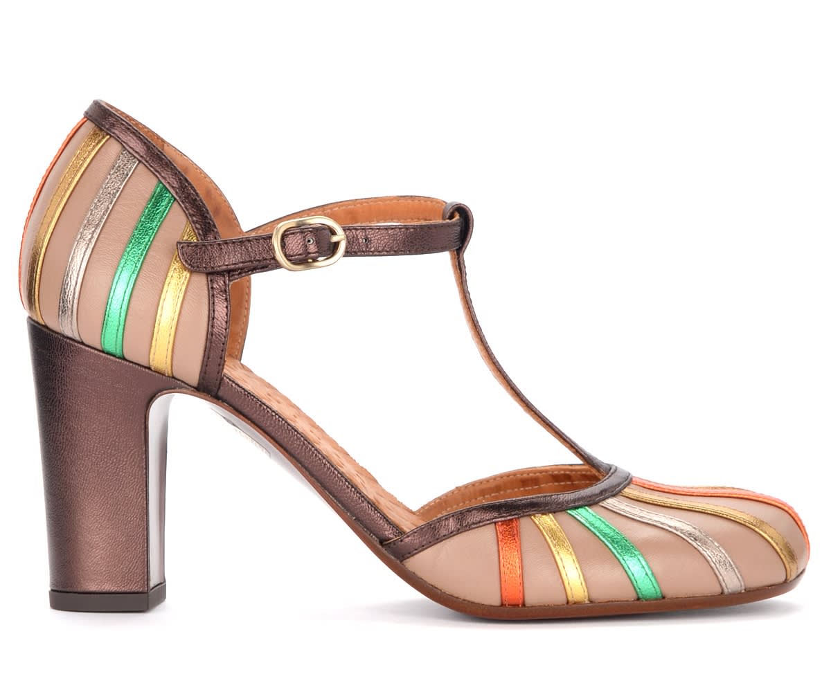 Chie Mihara Fruta Heeled Sandal In Beige Leather With Multicolor Details