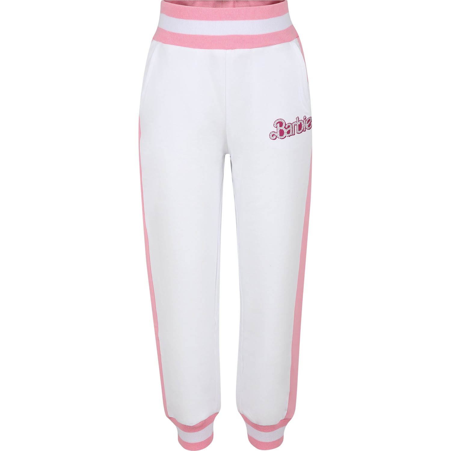 Monnalisa Kids' White Trousers For Girl With Writing And Rhinestone