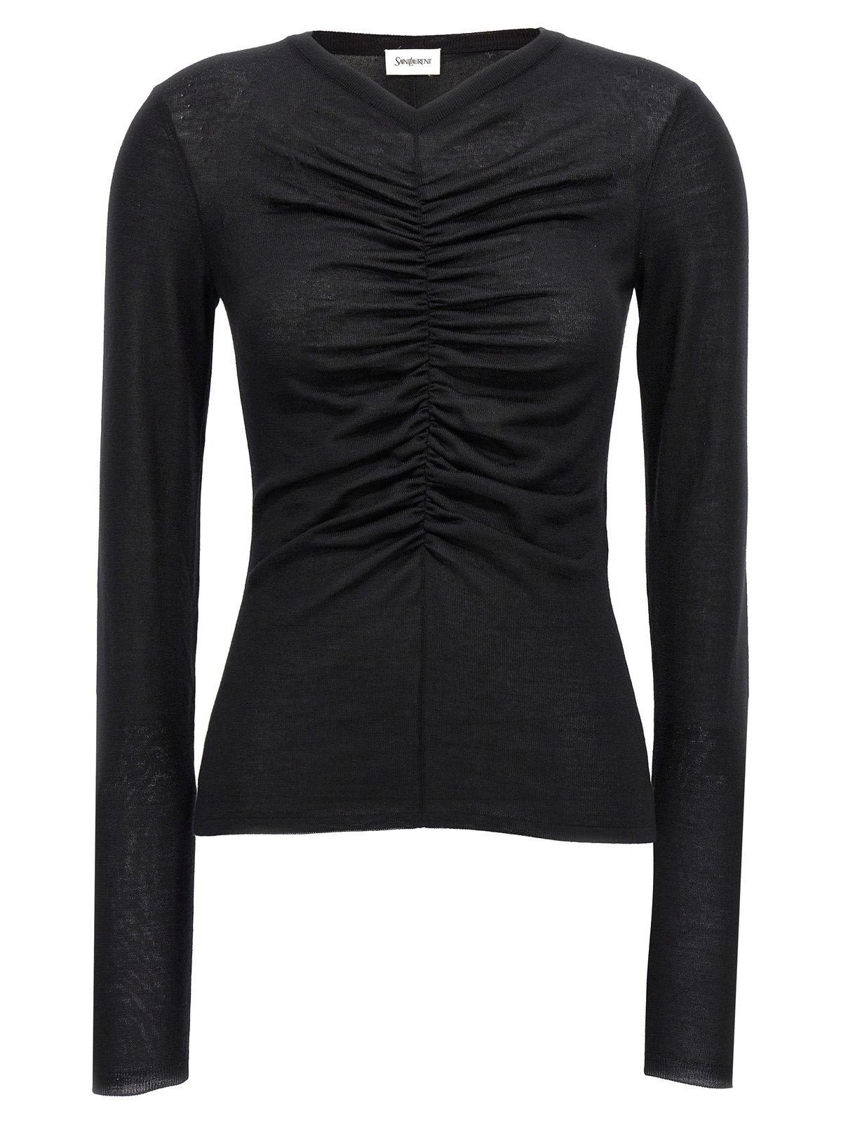 Shop Saint Laurent V-neck Ruched Sweater In Noir