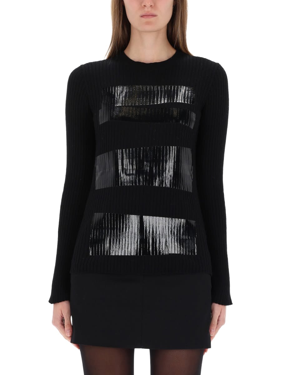 Mm6 Maison Margiela Knitwear With Glossy Panel And Ribbed Texture In Black