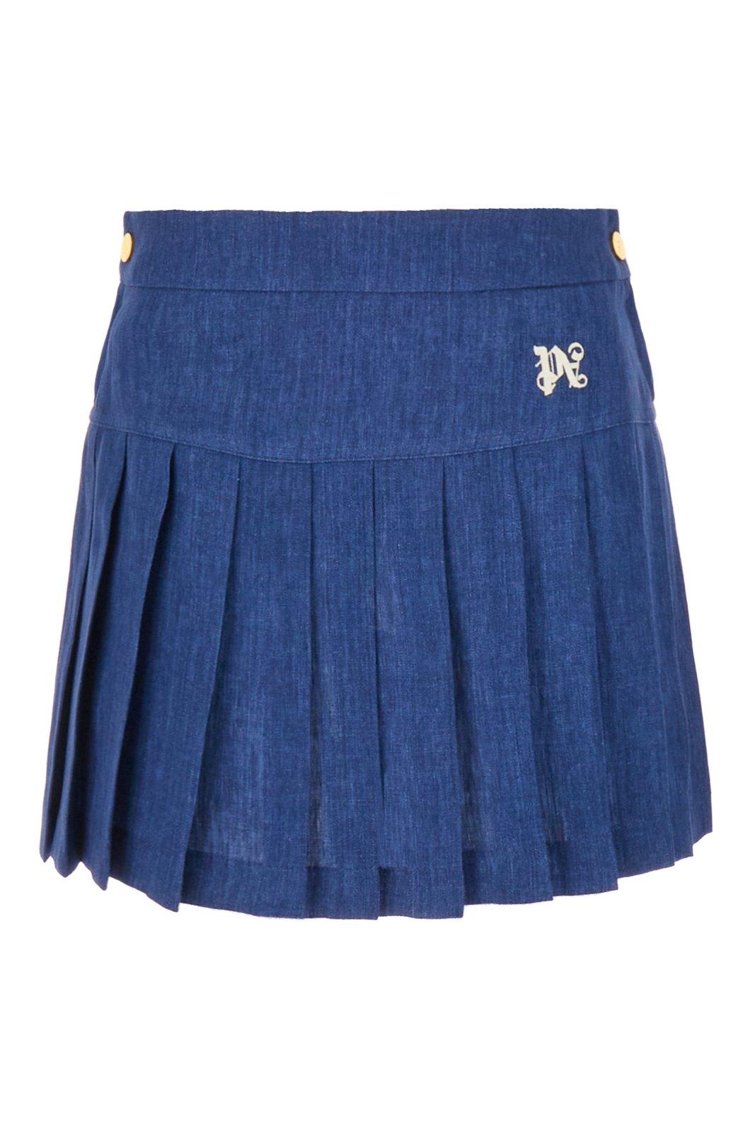 Shop Palm Angels Logo-embroidered Pleated Mini Skirt In Blue