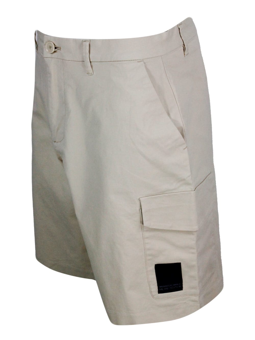 Shop Armani Collezioni Stretch Cotton Bermuda Shorts, Cargo Model With Large Pockets On The Leg And Zip And Button Closure In Beige