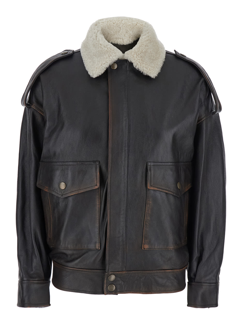 Brown Jacket With Shearling Collar And Two Front Patch Pockets In Leather Woman