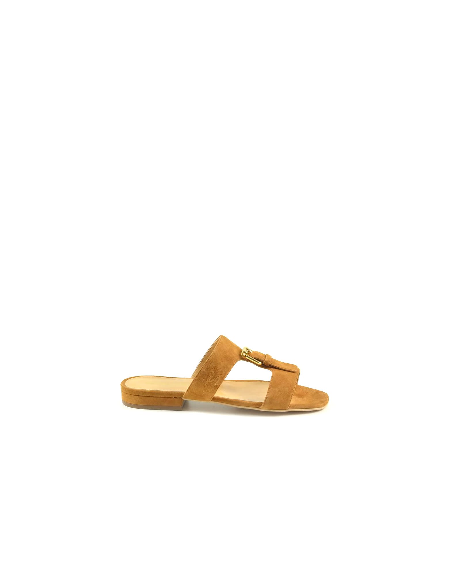 Buy Sergio Rossi Camel Suede Slide Flat Sandals online, shop Sergio Rossi shoes with free shipping