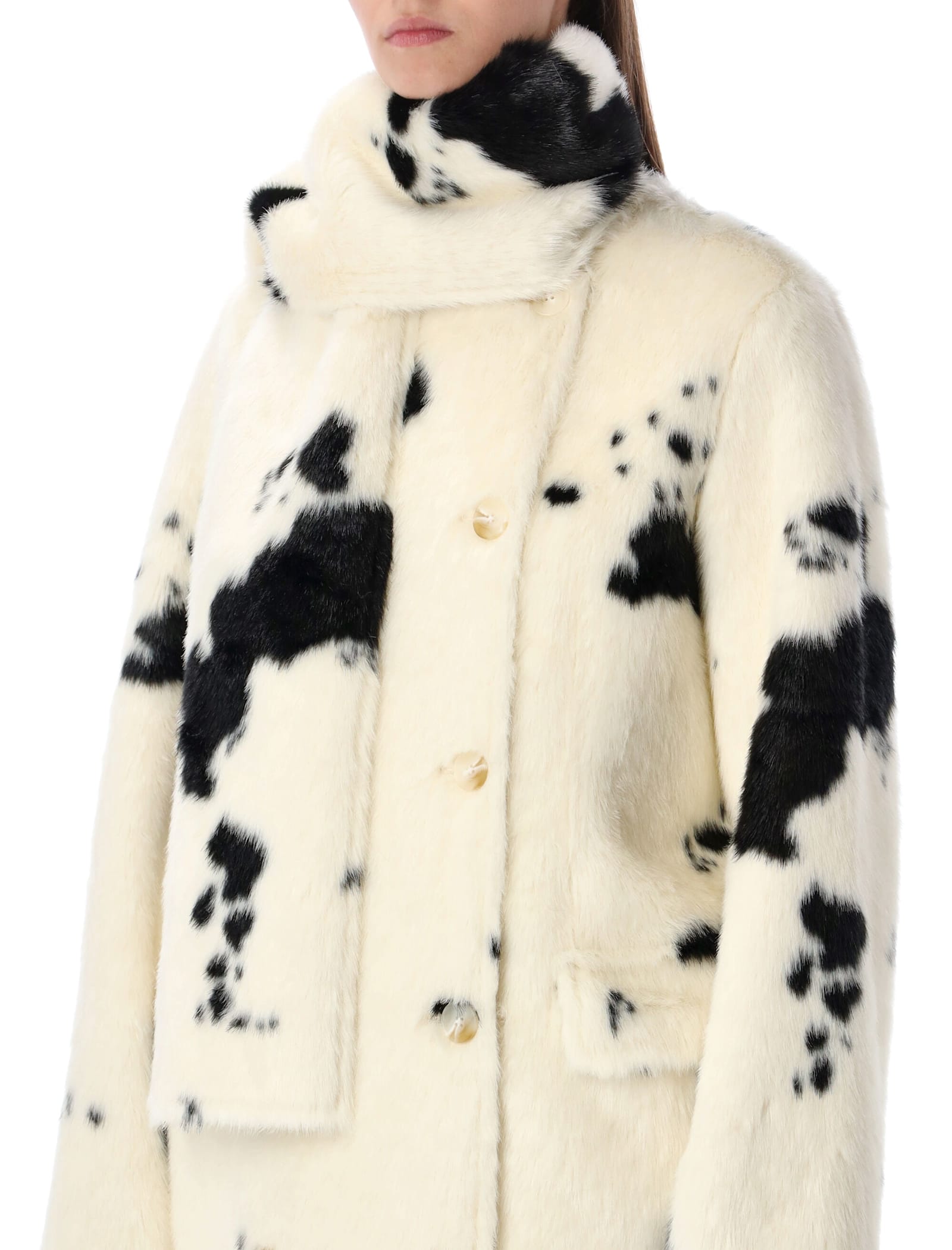 Stand Studio Double-breasted Faux-fur Coat With Cow Pattern In White