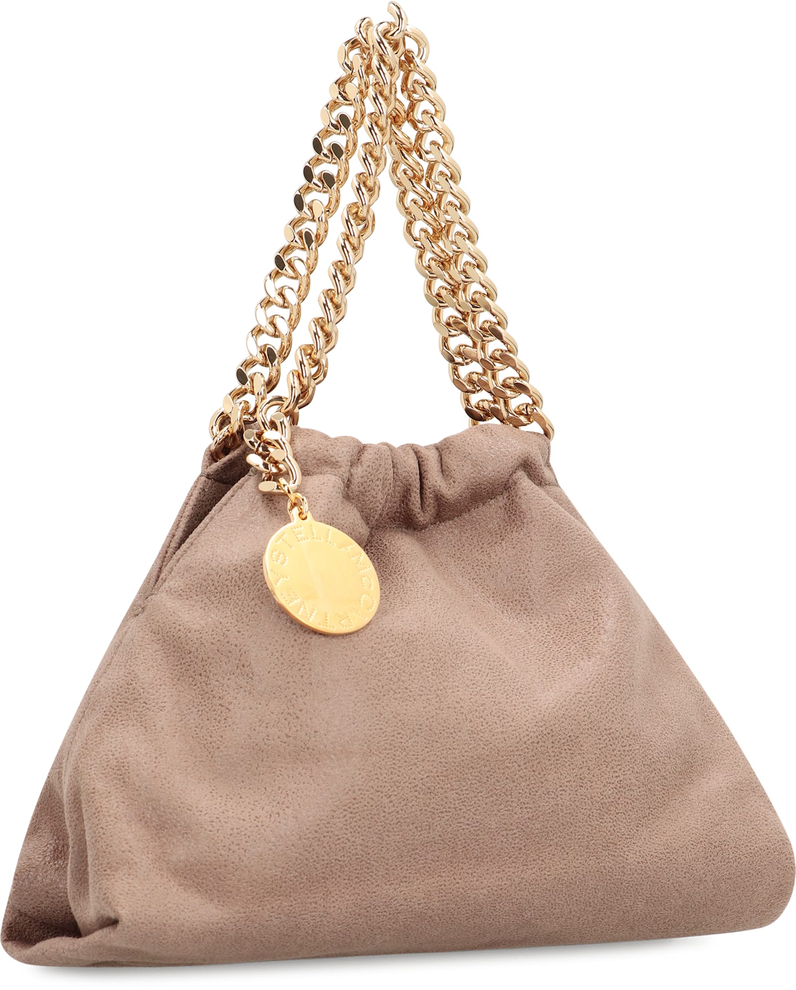 Stella Mccartney Mini Falabella Metallic Faux Leather Drawstring Crossbody Bag In Gray