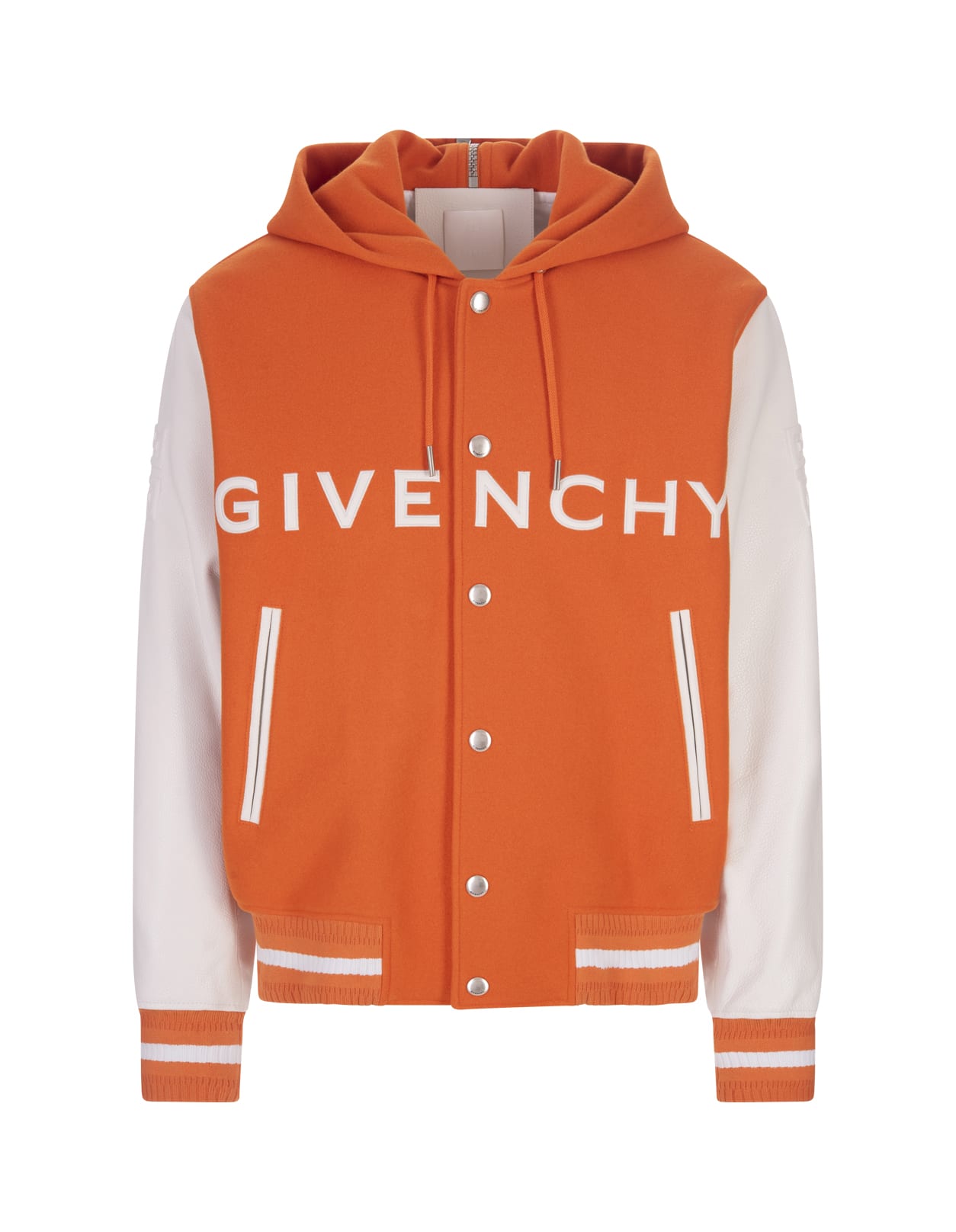 GIVENCHY ORANGE HOODED VARSITY JACKET IN WOOL AND LEATHER