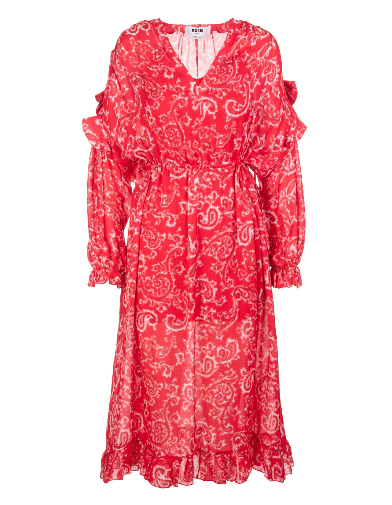 MSGM Red Midi Dress With Ruffles And White Chine Paisley Print
