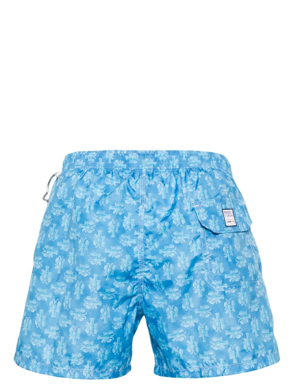 Shop Fedeli Sky Blue Swim Shorts With Lobster Pattern